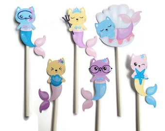Mermaid Cat Cupcake Toppers - Set of 12, Party Food Picks