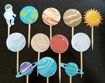 Space cupcake toppers - set of 12 double sided, space party, space theme, astronaut cake toppers, centerpiece