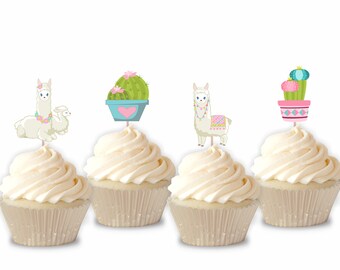 Llama cupcake toppers - set of 12, llama theme, llama party, llama decor, alpaca, cactus topper, cactus cake