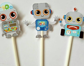 Robot cupcake toppers -set of 12, robot party, robot cake, robot centerpiece