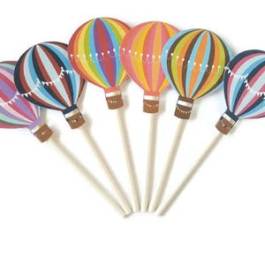 Hot Air Balloon Cupcake Toppers – Rainbow Party Decorations (Set of 12)