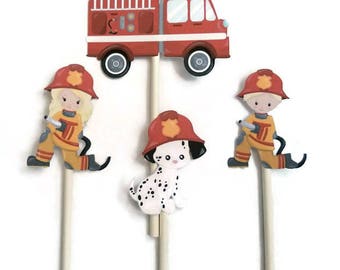 Firetruck cupcake toppers - set of 12, fire truck birthday, food picks, party picks, firetruck theme, cake topper