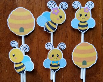 Bumble bee cupcake toppers - set of 12, bee cake topper, bee theme