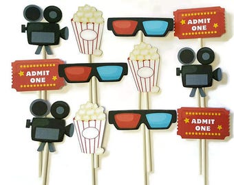 Movie themed cupcake toppers - set of 12,  film theme, popcorn, 3d sunglasses, movie tickets, lights, camera, action, Hollywood