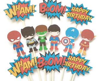 Superhero cupcake toppers - set of 12 superhero theme, cake toppers, centerpiece