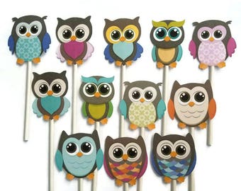 Owl cupcake toppers - set of 12 woodland theme cupcake toppers, woodland animals, forest friends, nature theme