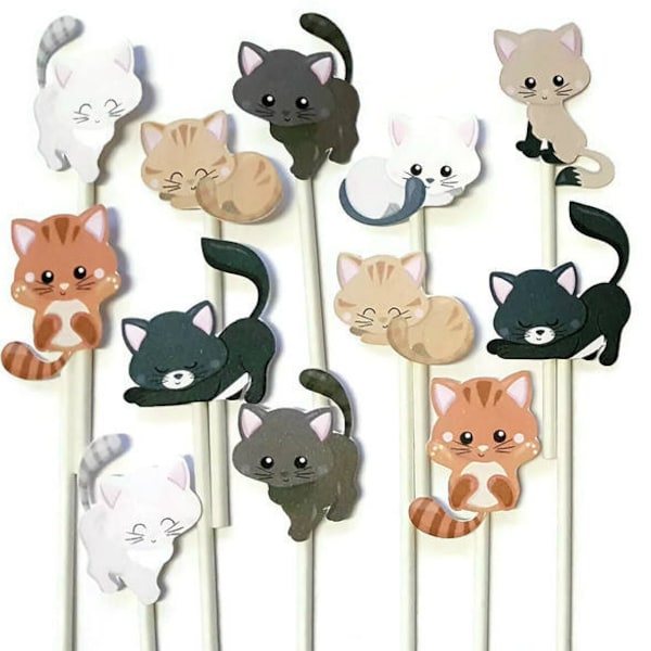 Cat cupcake toppers - set of 12 cats, kitty cupcakes, food picks, party picks, cat theme, cat cake topper