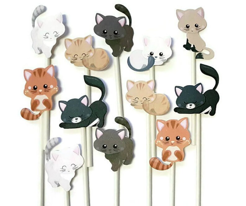 Cat Cupcake Toppers Set of 12 Cats Kitty Cupcakes Food Etsy