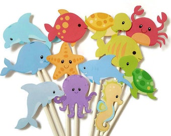 Under the sea cupcake toppers - set of 12, crab, dolphin, shark, whale, turtle, food picks, party picks