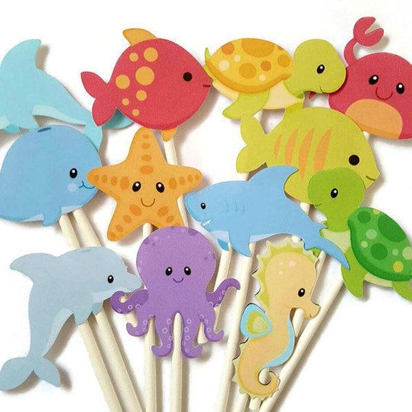Under the sea cupcake toppers - set of 12, crab, dolphin, shark, whale, turtle, food picks, party picks