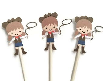 Cowgirl cupcake toppers - set of 12, western theme, cowgirl, cake toppers, centerpiece