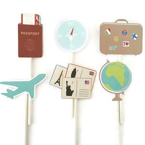 Travel cupcake toppers - set of 12, plane cupcake toppers, bon voyage theme, vacation theme