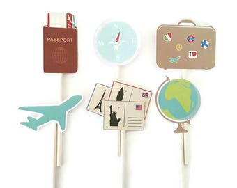 Travel cupcake toppers - set of 12, plane cupcake toppers, bon voyage theme, vacation theme