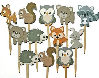 Woodland Animal Cupcake Toppers - Double Sided, Set of 12