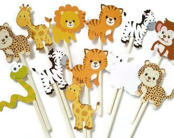 Decoraciones para cupcakes con animales de la selva - Tema safari, juego de 12