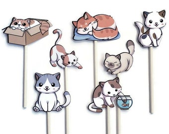 Cat cupcake toppers - set of 12 cats, kitty cupcakes, food picks, party picks, cat theme, cat cake topper