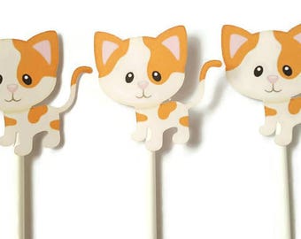 Cat cupcake toppers - set of 12 orange tabby cats, kitty cupcakes, food picks, party picks
