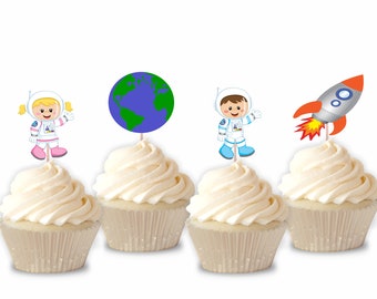 Adornos para cupcakes con temática espacial: astronautas y cohetes (juego de 12)