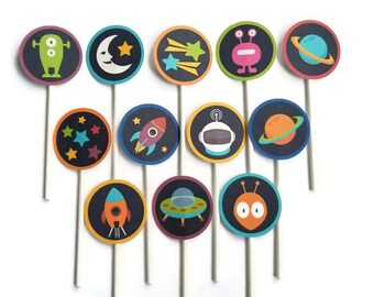 Space cupcake toppers - set of 12, space party, space theme, astronaut cake toppers, centerpiece