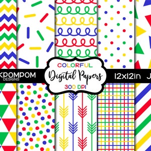 Colorful digital paper set – rainbow digital paper - primary colors - scrapbook paper - birthday paper - Personal & Commercial JPG