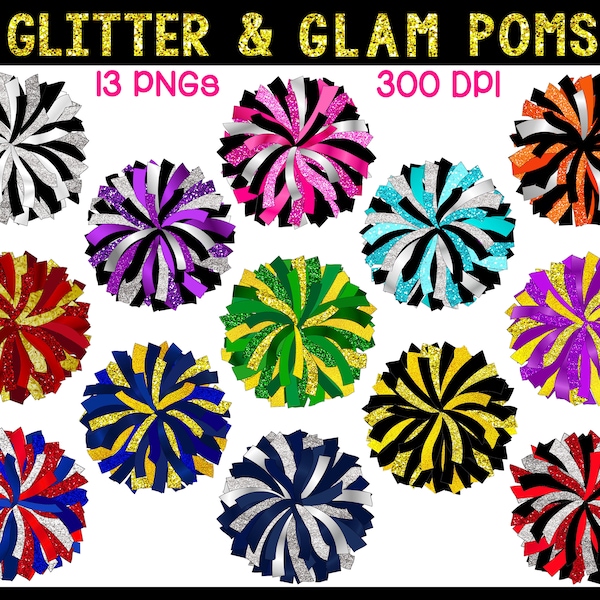 Glitter and Glam Pom Pom digital clipart set - gold pom pom - pom pom png - cheerleading pom png - sparkle pom - silver pom - pom pon