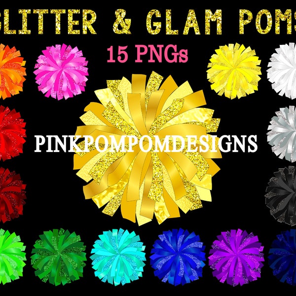 Pom Pom clipart set - glitter and glam single color - gold pom pom - glitter pom pom - cheerleading pom png - sparkle pom - pom pon