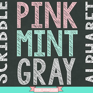 Puede incluir: Letras del alfabeto estilo pizarra en rosa, verde menta y gris. Las letras están dibujadas con un efecto de garabato. El texto "Pink Dom Pom Designs" está en la parte inferior de la imagen.