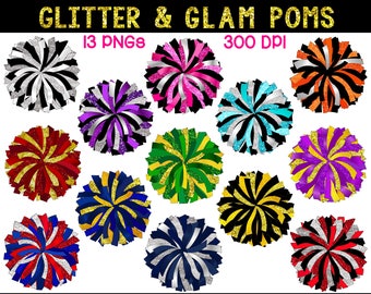 Glitter and Glam Pom Pom digital clipart set - gold pom pom - pom pom png - cheerleading pom png - sparkle pom - silver pom - pom pon