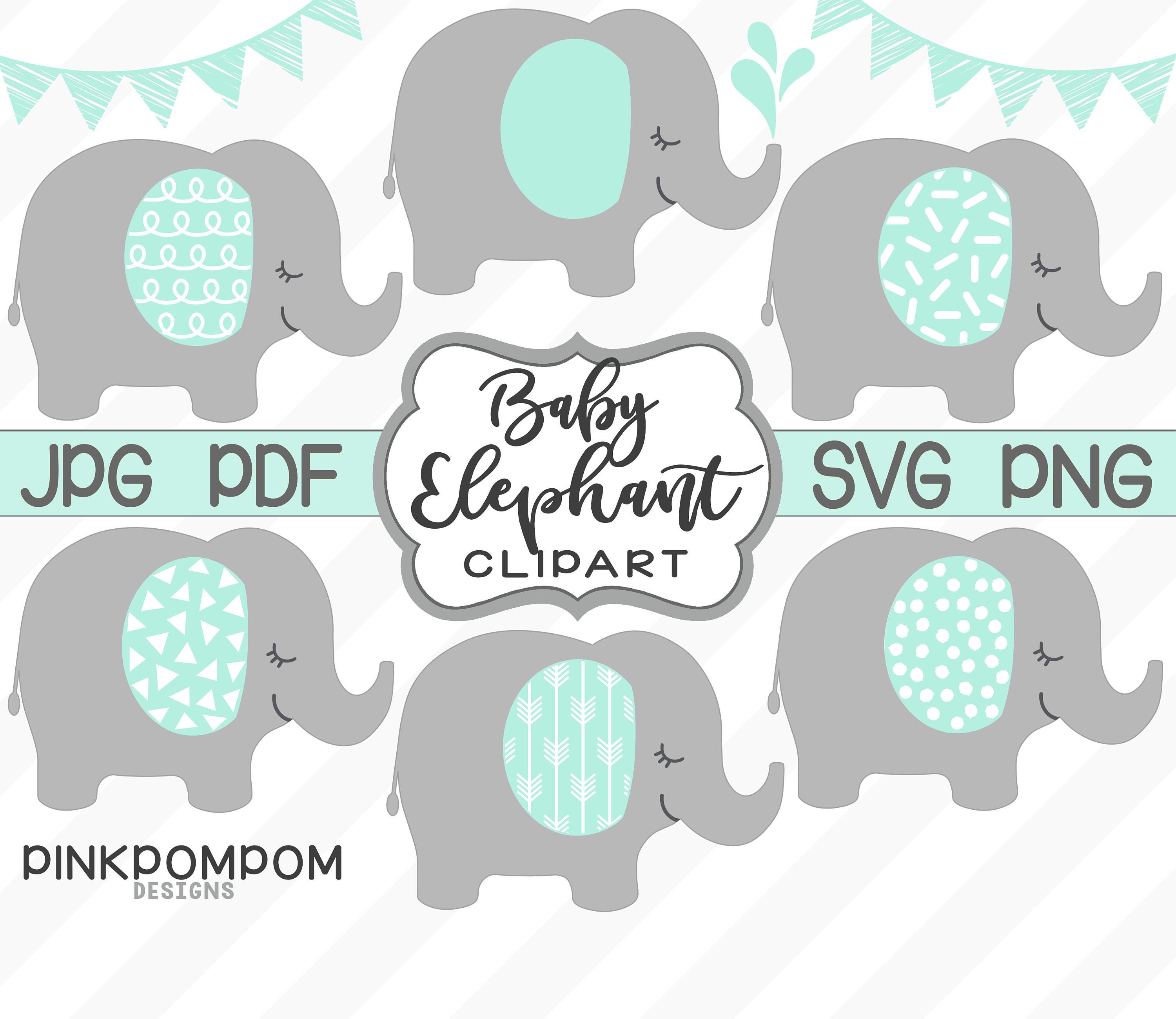 Download Baby Elephant Clipart Set Mint Gray Elephant Svg Printable Etsy