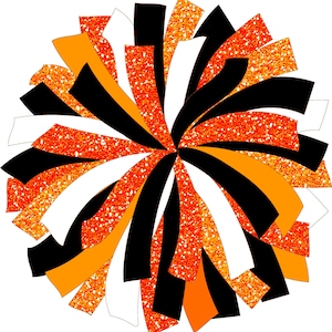 May include: Orange, black, and white cheerleading pom pom with a glittery texture.