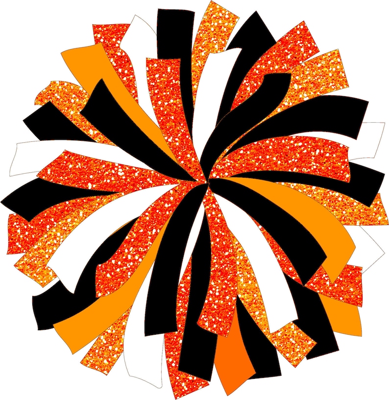 May include: Orange, black, and white cheerleading pom pom with a glittery texture.