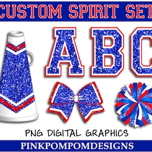 Glitter and Glam custom cheer digital clip art - red blue white - megaphone png - pom png - bow - digital graphics - BlueWhite Red Cheer