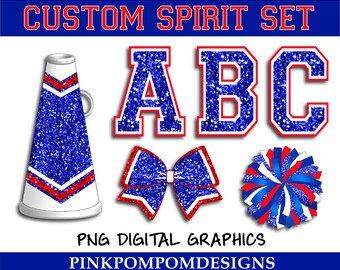 Glitter and Glam custom cheer digital clip art - red blue white - megaphone png - pom png - bow - digital graphics - BlueWhite Red Cheer