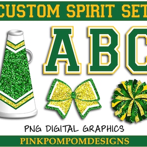 Glitter and Glam custom spirit set digital clip art - cheer letters png - megaphone png - pom png - digital graphics - Green yellow Cheer