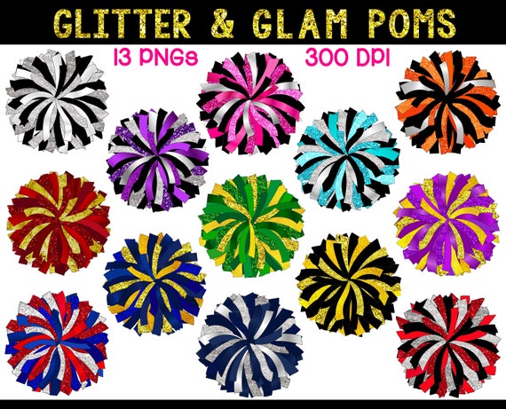 CUSTOM POM - Glitter and Glam Pom Pom digital graphic - black and gold pom  pom png - cheerleading pom png