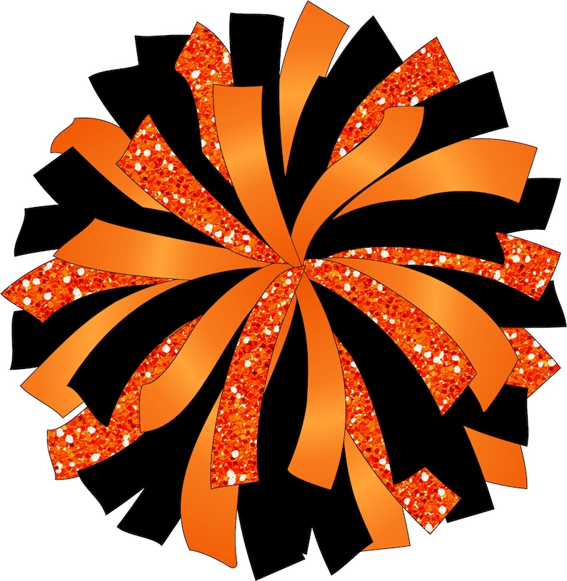 May include: Black and orange cheerleading pom poms with a glittery finish.