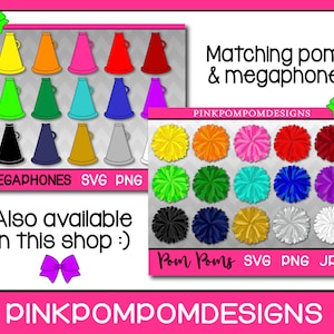 May include: A graphic showing a selection of colourful cheerleading megaphones and pom-poms. The image includes the text "Matching poms & megaphones" and "Also available in this shop :)". The text "MEGAPHONES SVG PNG" and "Pom Poms SVG PNG JPG" are also displayed.
