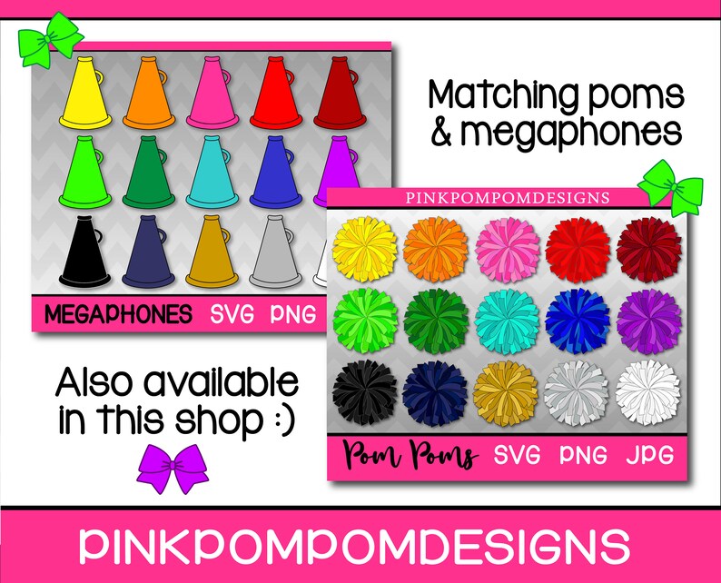 May include: A graphic showing a selection of colourful cheerleading megaphones and pom-poms. The image includes the text "Matching poms & megaphones" and "Also available in this shop :)". The text "MEGAPHONES SVG PNG" and "Pom Poms SVG PNG JPG" are also displayed.