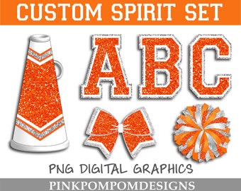 Glitter und Glam Custom Spirit Set digitale Clip Art Grafiken - Megaphon - Pom PNG - jubeln Grafiken - Orange Silber Weiß