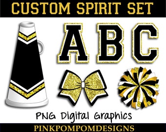 Glitter and Glam Black Gold custom spirit set digital clip art - Block letters png - megaphone png - pom png - digital graphics