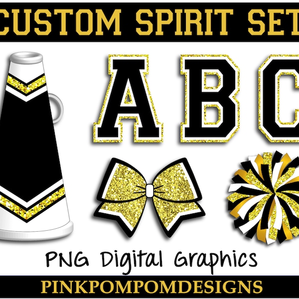 Glitter and Glam Black Gold custom spirit set digital clip art - Block letters png - megaphone png - pom png - digital graphics