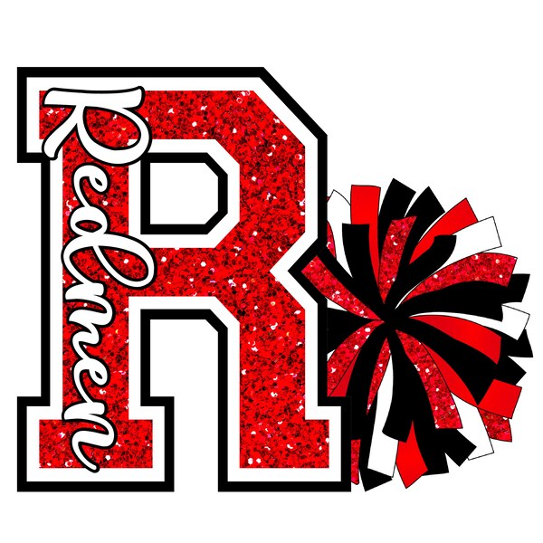 CUSTOM ORDER - Glitter and Glam Pom Pom with letter "R" digital clip art PNG - cheerleading - glitter letter - red black white