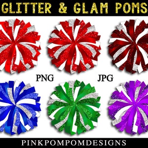 Glitter and Glam Pom Pom digital clipart set - PNG - JPG - cheer pom - red pom - maroon pom - purple pom - blue pom - green pom