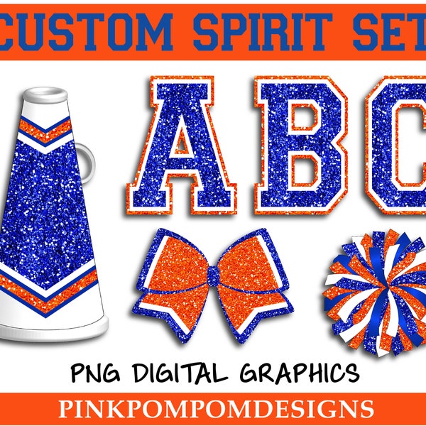 Glitter and Glam custom cheer spirit set digital clip art - Blue and orange cheer png - pom png - cheer digital graphics - blue orange