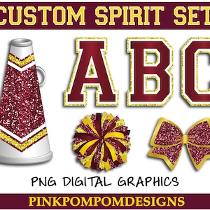 Glitter and Glam custom cheer digital clip art set - Maroon Gold Cheer graphics - PNG - Pom - Megaphone - Bow - letters