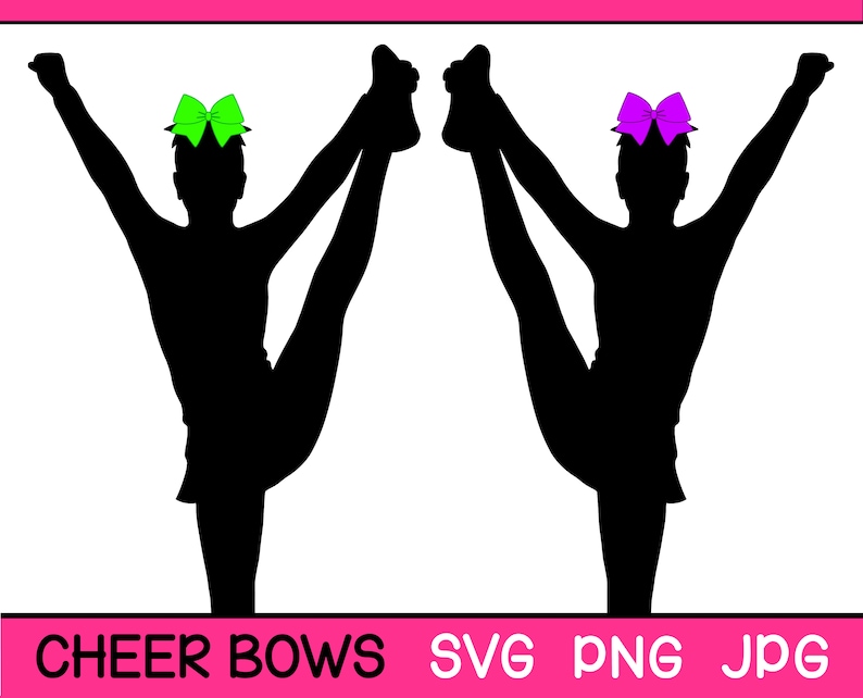 May include: Silhouette of two cheerleaders in a split pose, each wearing a bow. One bow is neon green, the other is purple. The image has the text "CHEER BOWS SVG PNG JPG" in a pink banner at the bottom.