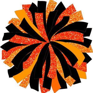 May include: Black and orange glitter cheer pom pom. The pom pom is made of black and orange streamers with a glittery finish.