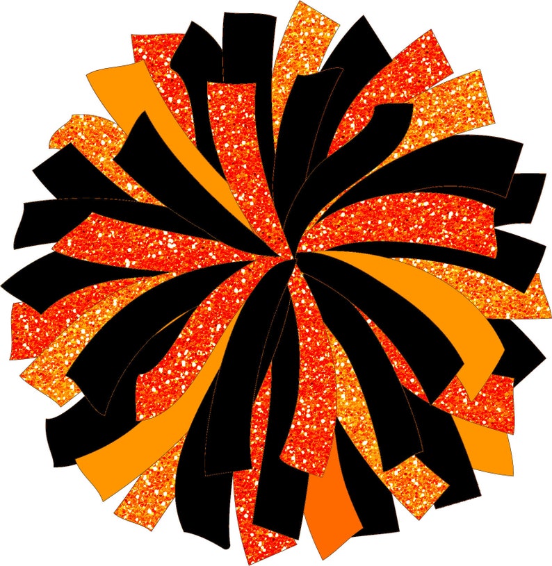 May include: Black and orange glitter cheer pom pom. The pom pom is made of black and orange streamers with a glittery finish.