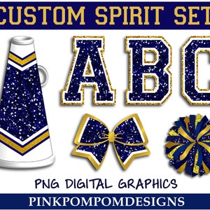 Glitter and Glam custom spirit set digital clip art graphics - megaphone - pom png - cheer graphics - Navy Gold cheer