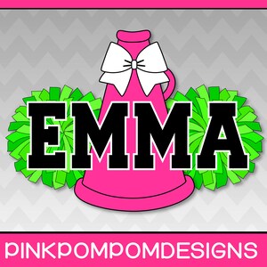 May include: A pink megaphone with a white bow, the name "EMMA" in black block letters with a green outline, and green pom-poms. The background is grey with a chevron pattern. The bottom of the image has the text "pinkpompomdesigns".